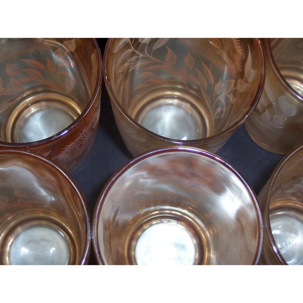 Vintage Jeannette Marigold Carnival Glass Cosmos Pitcher 6 Tumbler Set 1950s - Picture 13 of 15